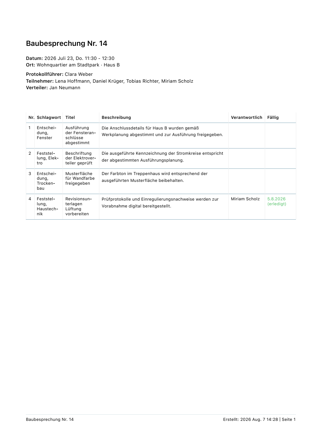 Erste Seite des Beispielprotokolls Baubesprechung Nr. 14