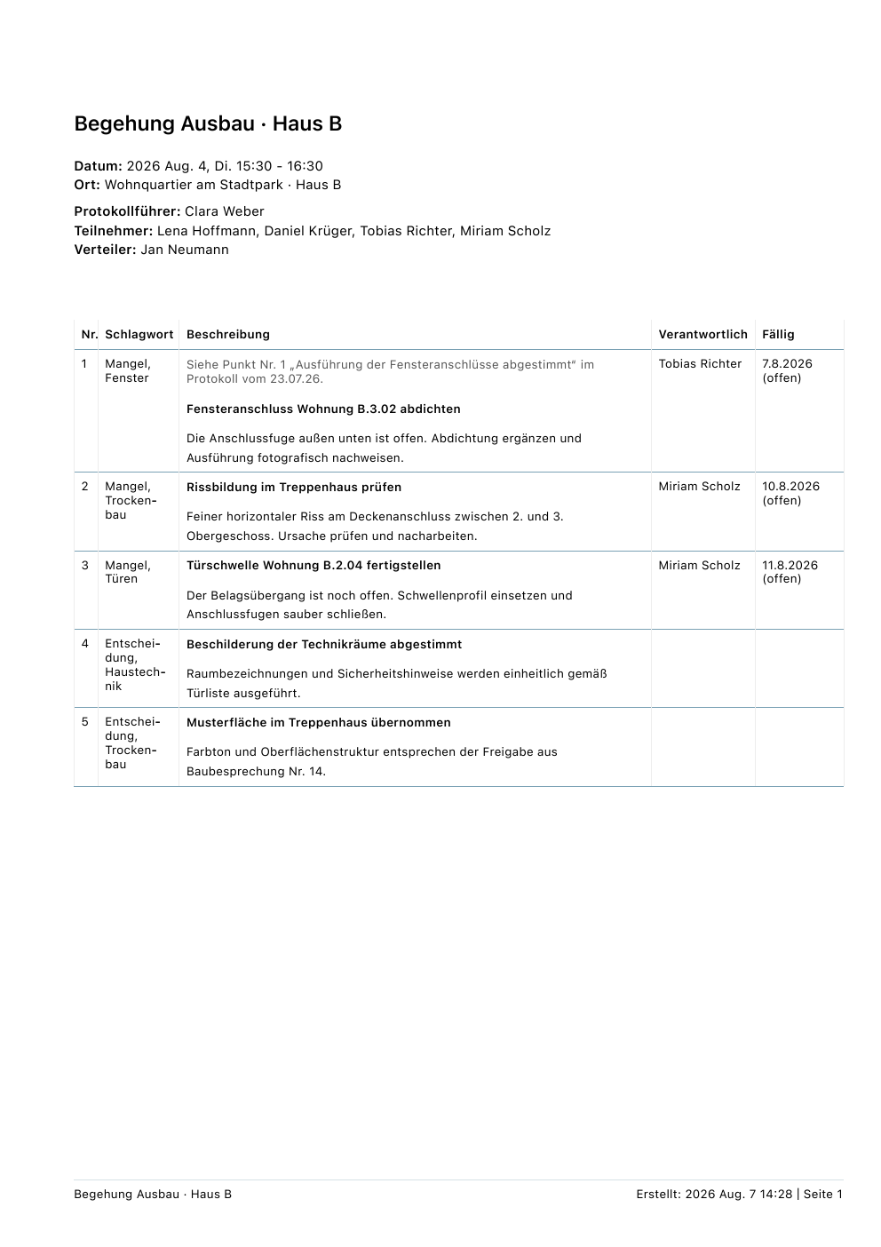 Erste Seite des Beispielprotokolls Begehung Ausbau Haus B