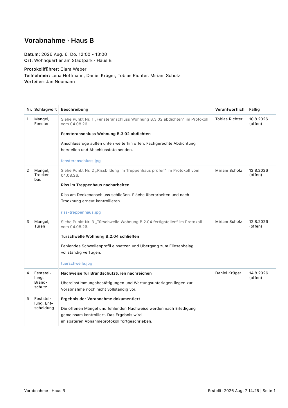 Erste Seite des Beispielprotokolls Vorabnahme Haus B