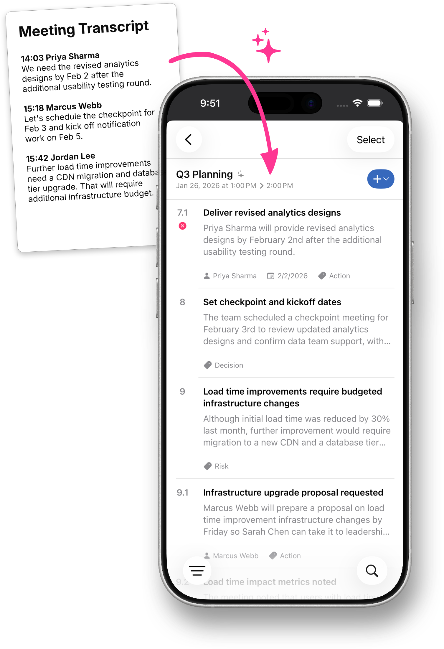Meeting transcript transformed into structured MinuteTaker meeting notes on iPhone